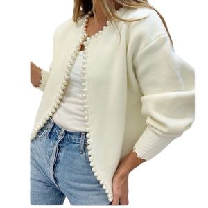 Commense Pearl Trimmed Ripped Hem Cardigan Sweater in Cream Size Large NWOT